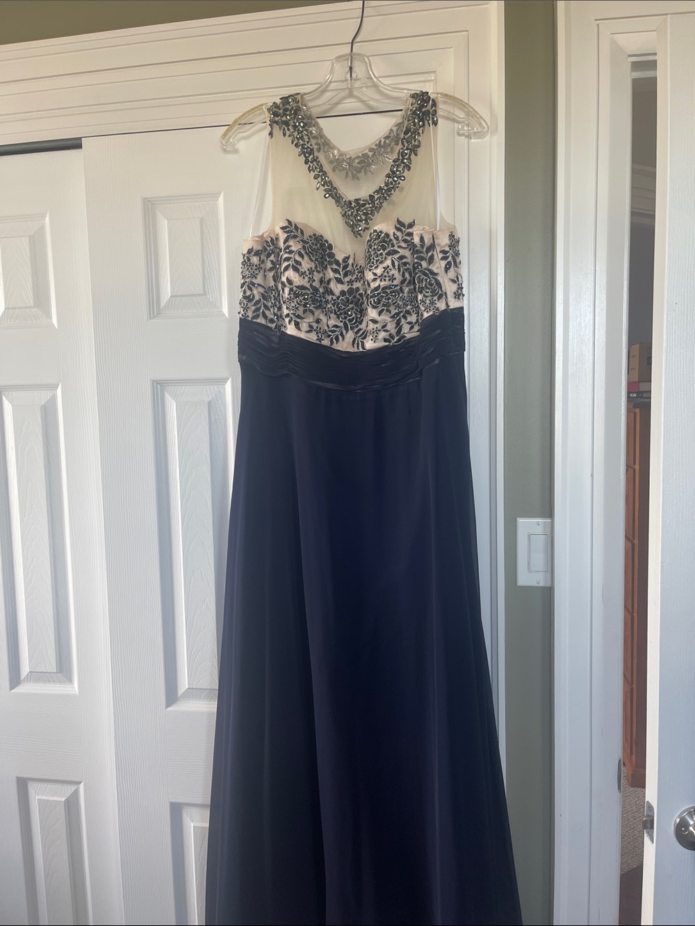 Navy and Ivory Embroidered Illusion Neckline Evening Gown